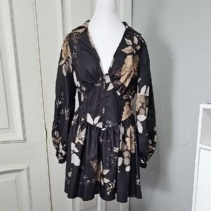 SHEIN Black Floral V-Neck Long Sleeve Mini Dress